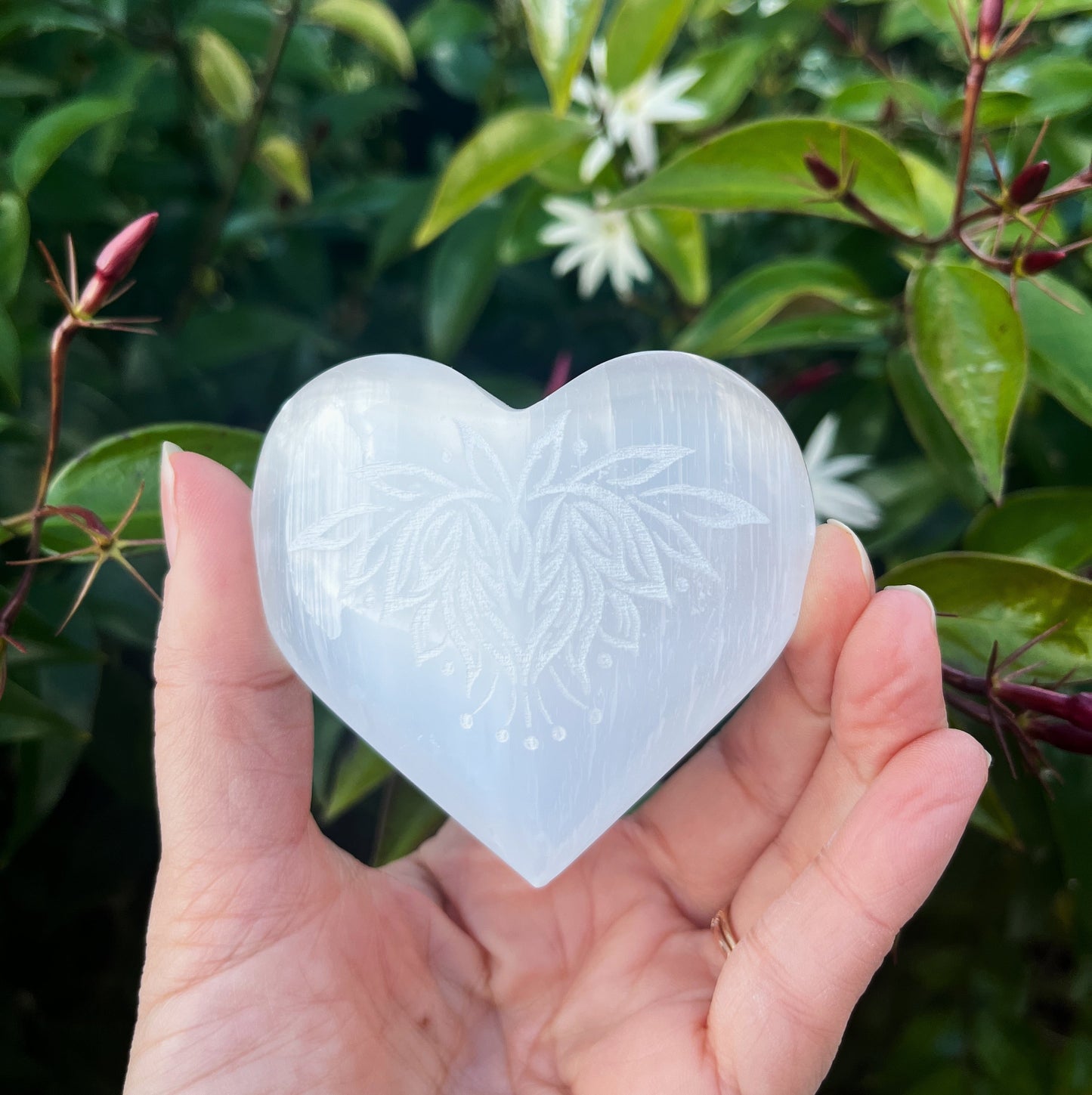 Satin Spar (Selenite) Engraved Hearts - Lotus