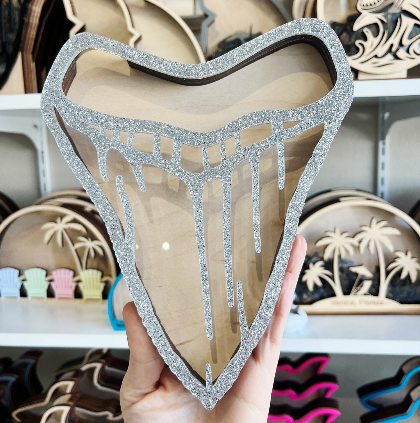 Classic Meg Tooth - Silver Acrylic - Wall Hanging - Shark Tooth Bank