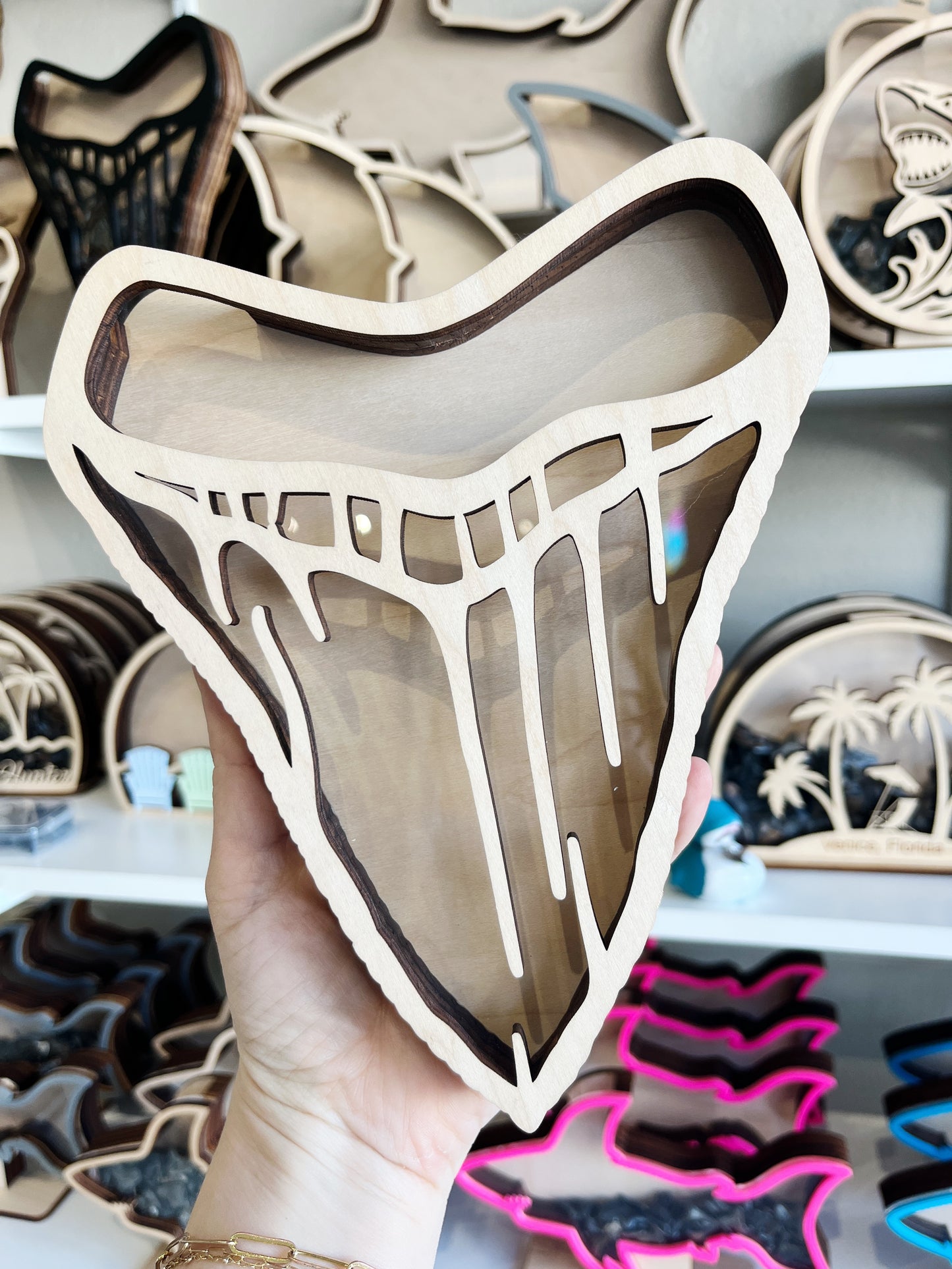 Classic Meg Tooth - Wood Finish - Wall Hanging - Shark Tooth Bank
