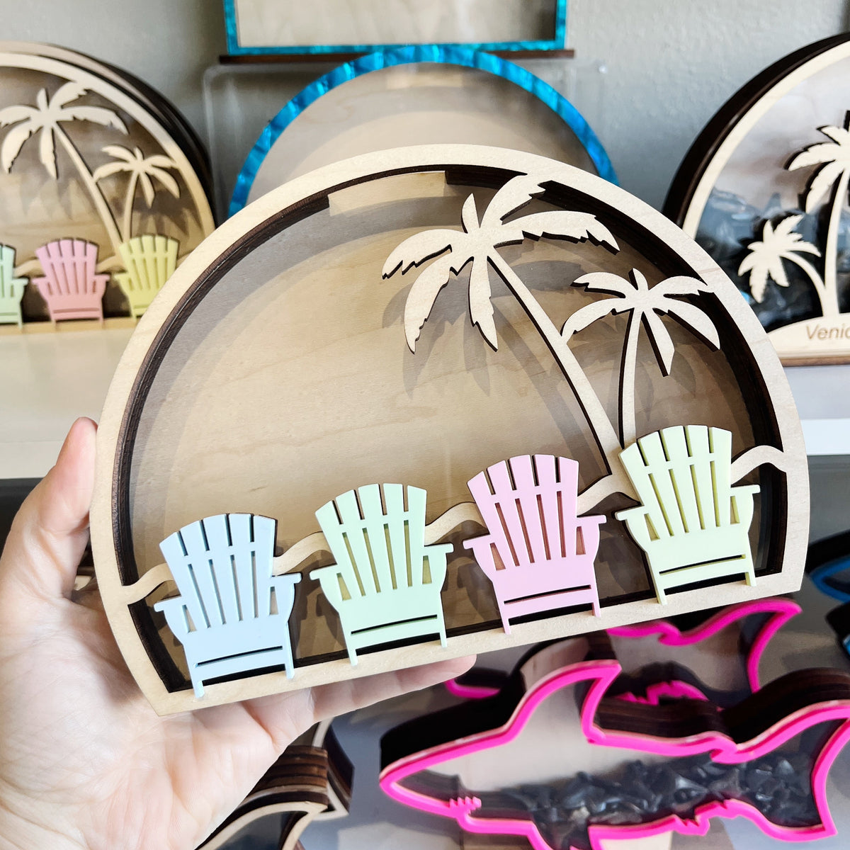 Classic Beach Vibes - Colored Wood Chairs & Palms - Shark Tooth Bank