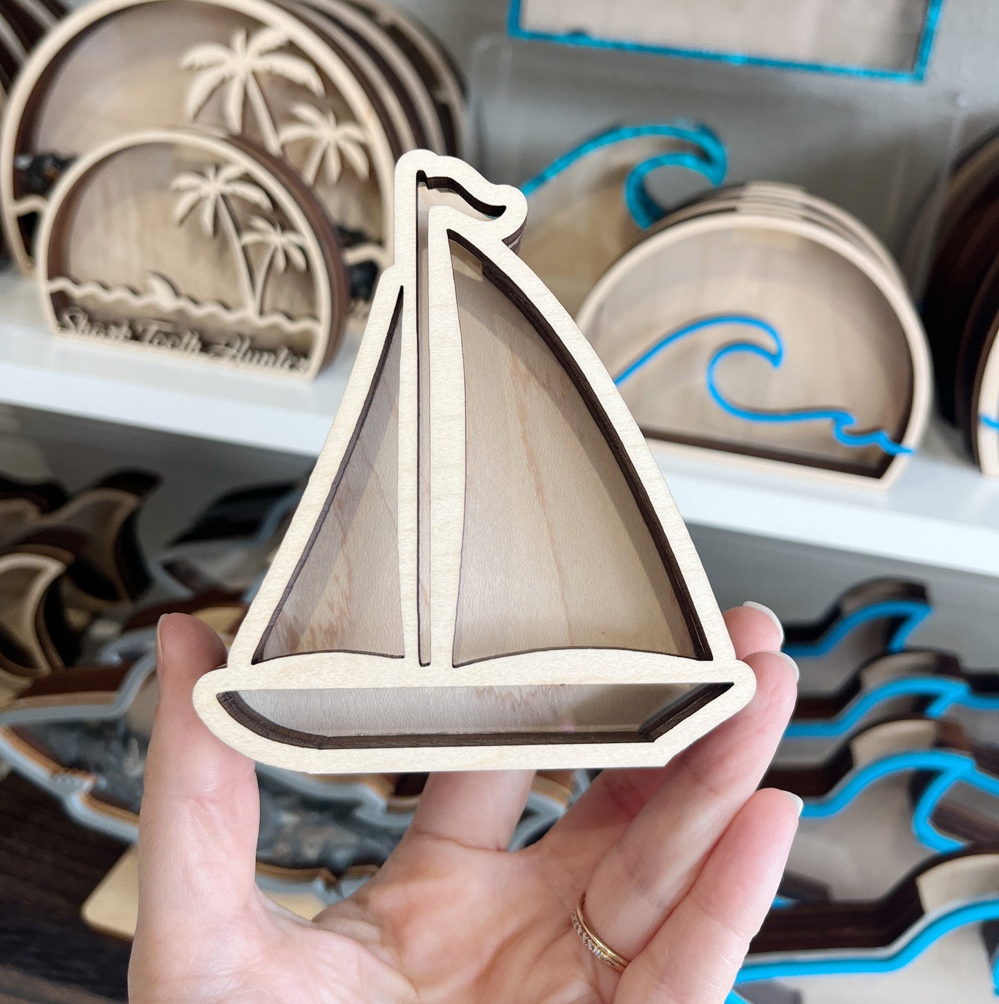 Mini Standing Sailboat - Wood Finish - Shark Tooth Bank