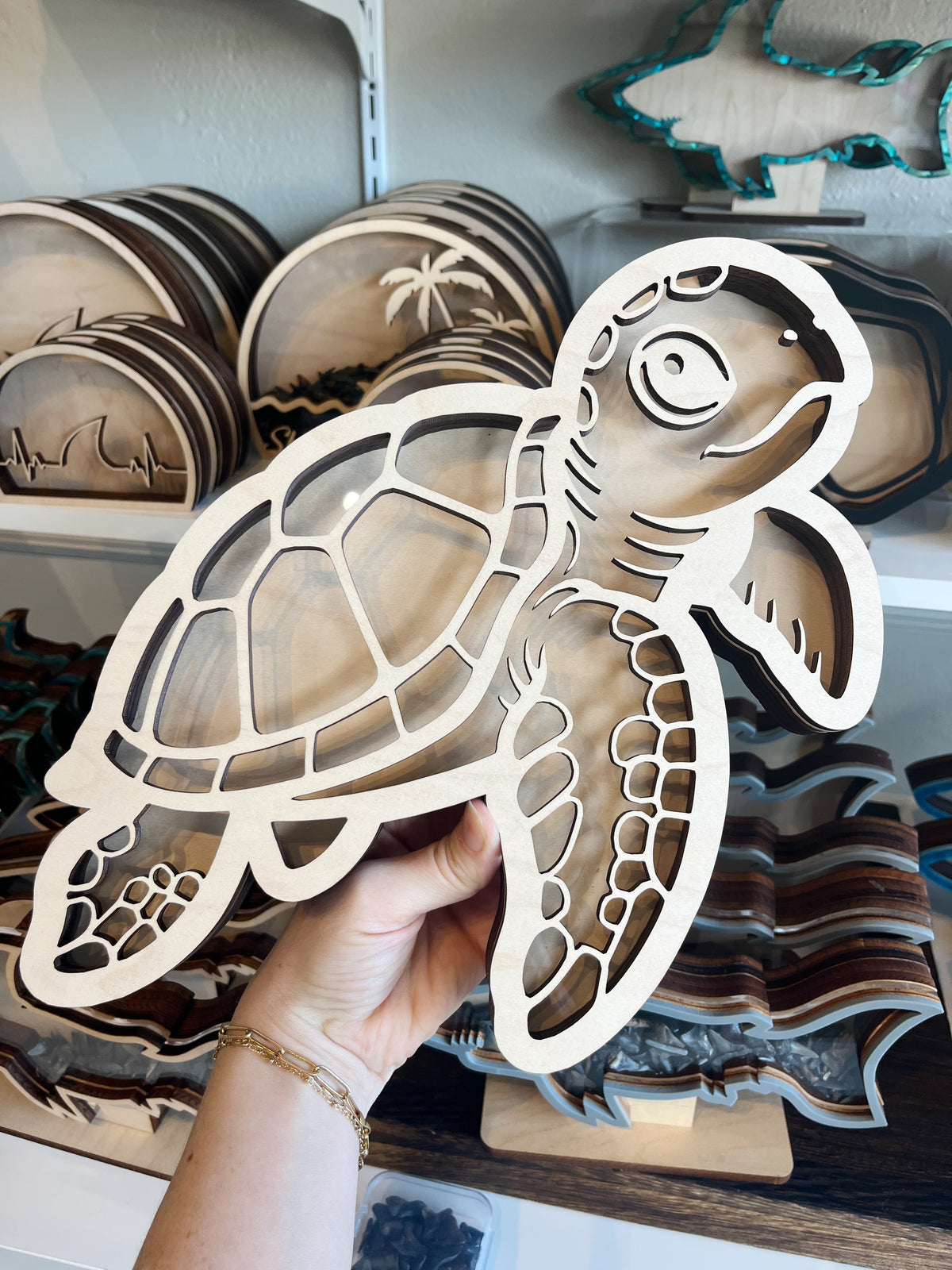 Sea Turtle - Wood Finish - Wall Hanging - Shark Tooth Bank