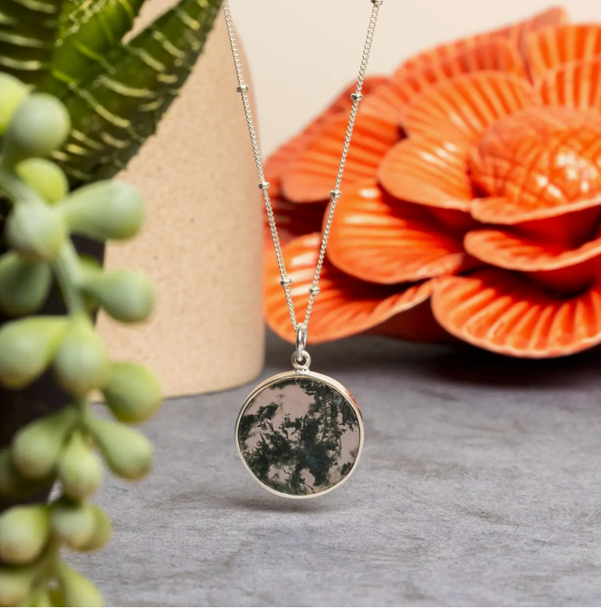 Moss Agate - SS Chain - Circle Pendant