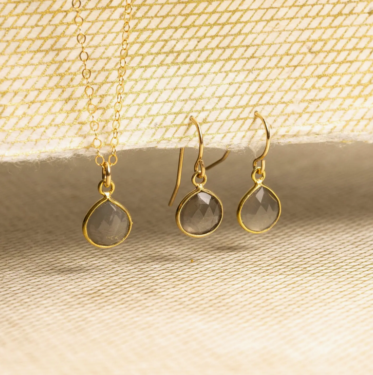 Gray Moonstone - 14k Gold Filled - Drop Pendant and Earrings