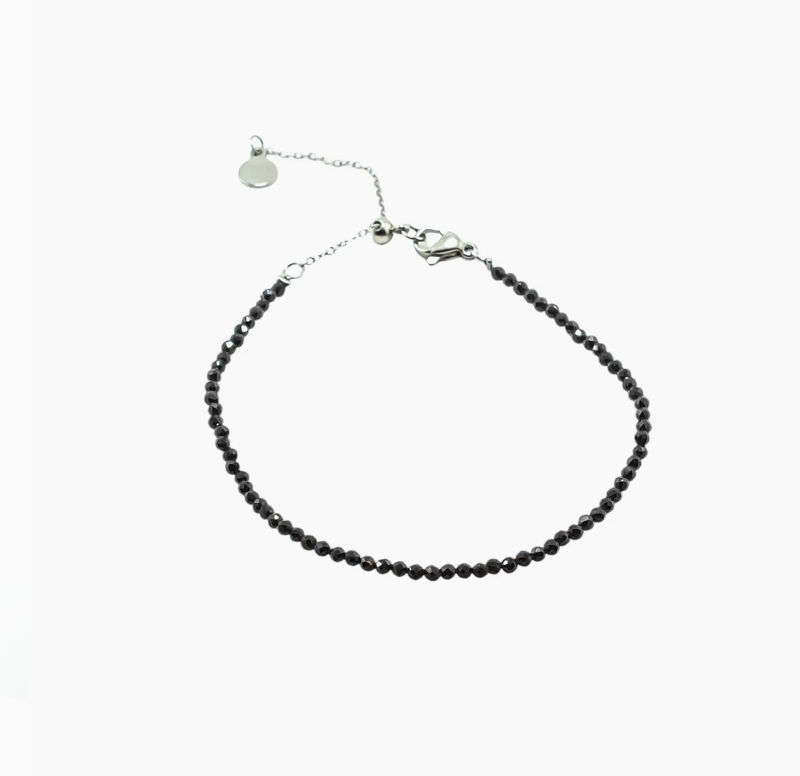 Black Spinel Gemstone 2mm Faceted Bracelet - Silver Toned