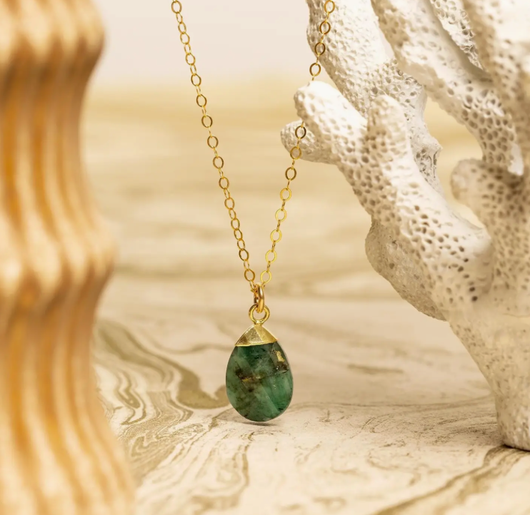 Emerald - 14K Gold Filled - Oval Pebble Pendant