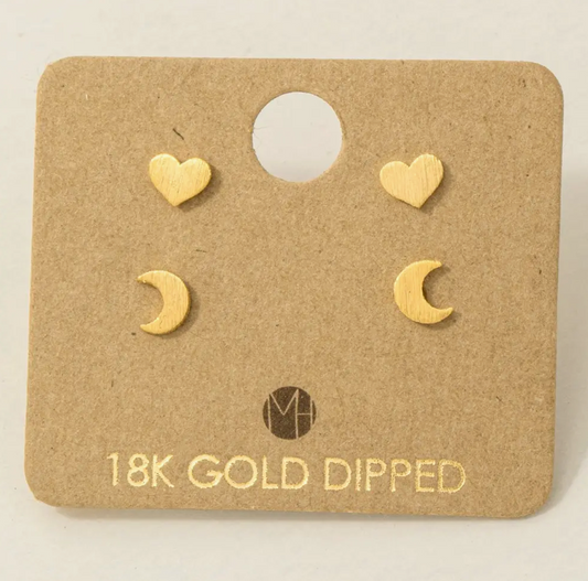 Must Have - Gold Mini Heart and Moon Stud Earring Set