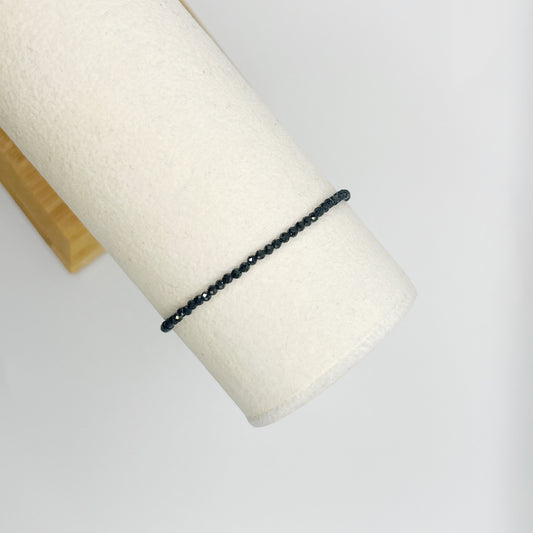 Black Spinel Gemstone 2mm Faceted Bracelet - Silver Toned