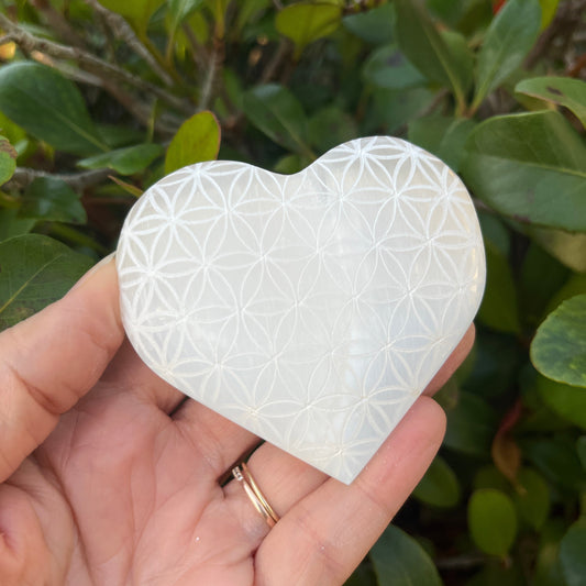 Satin Spar (Selenite) Engraved Hearts - Flower