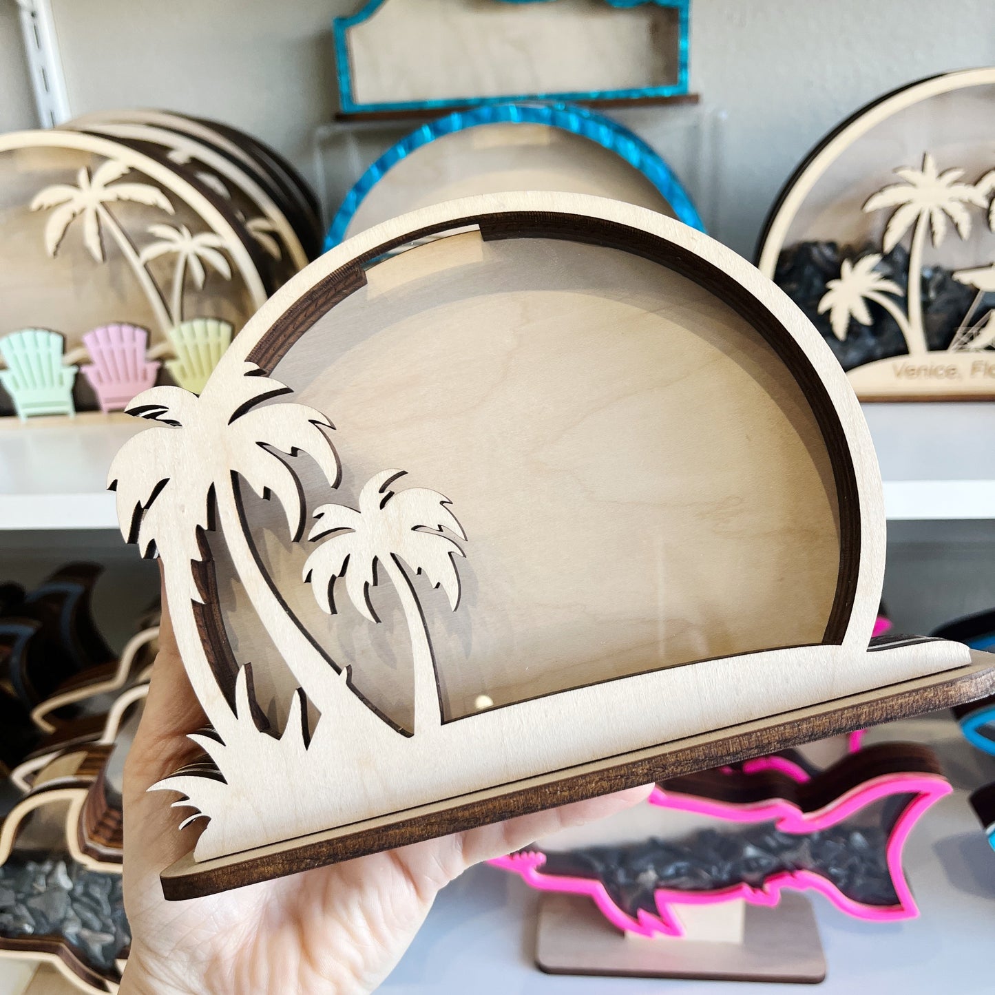 Classic Ocean Beach with Palm Trees- Wood Finish - Shark Tooth Bank