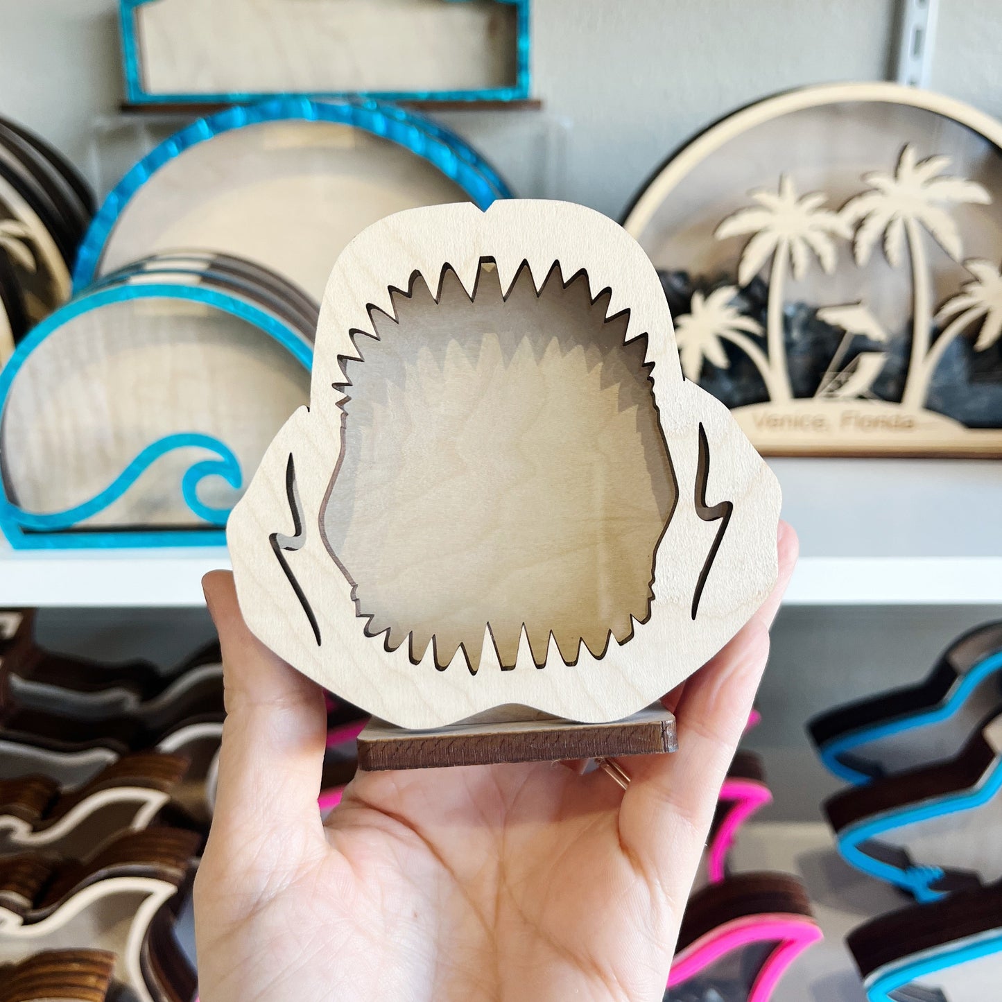 Mini Shark Jaw - Wood Finish - Shark Tooth Bank
