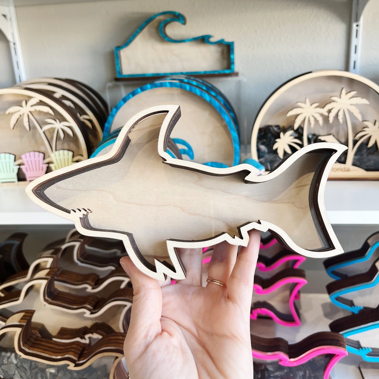 Free Standing Shark - Wood Finish - Shark Tooth Bank