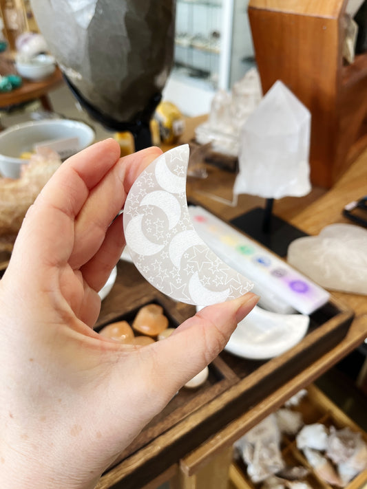 Satin Spar (Selenite) - Engraved Moon