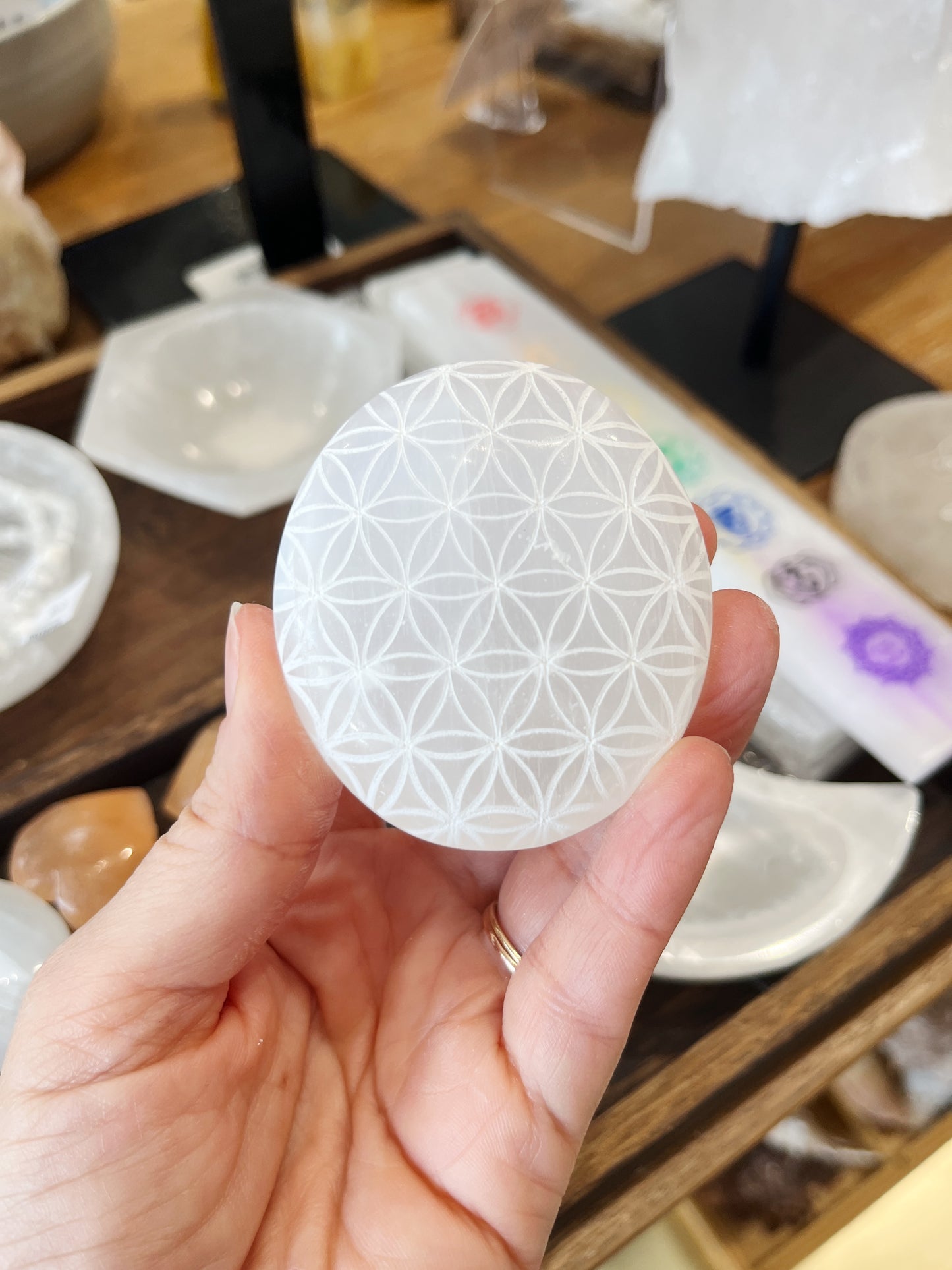 Satin Spar (Selenite) - Engraved Palm Stone - Flower