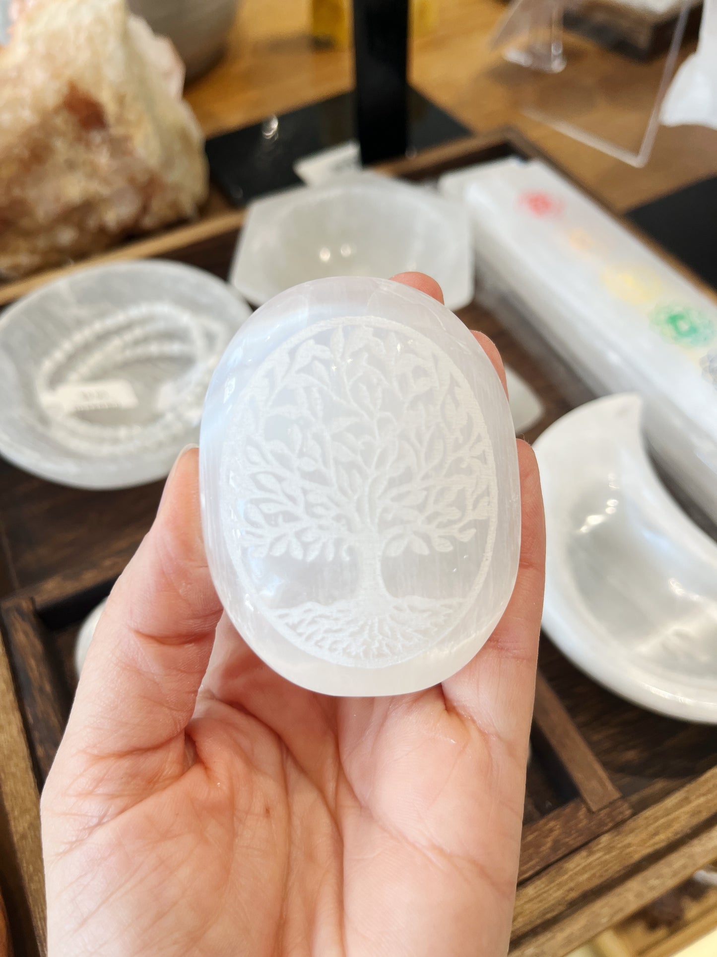 Satin Spar (Selenite) - Engraved Palm Stone - Tree of Life