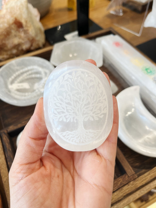 Satin Spar (Selenite) - Engraved Palm Stone - Tree of Life