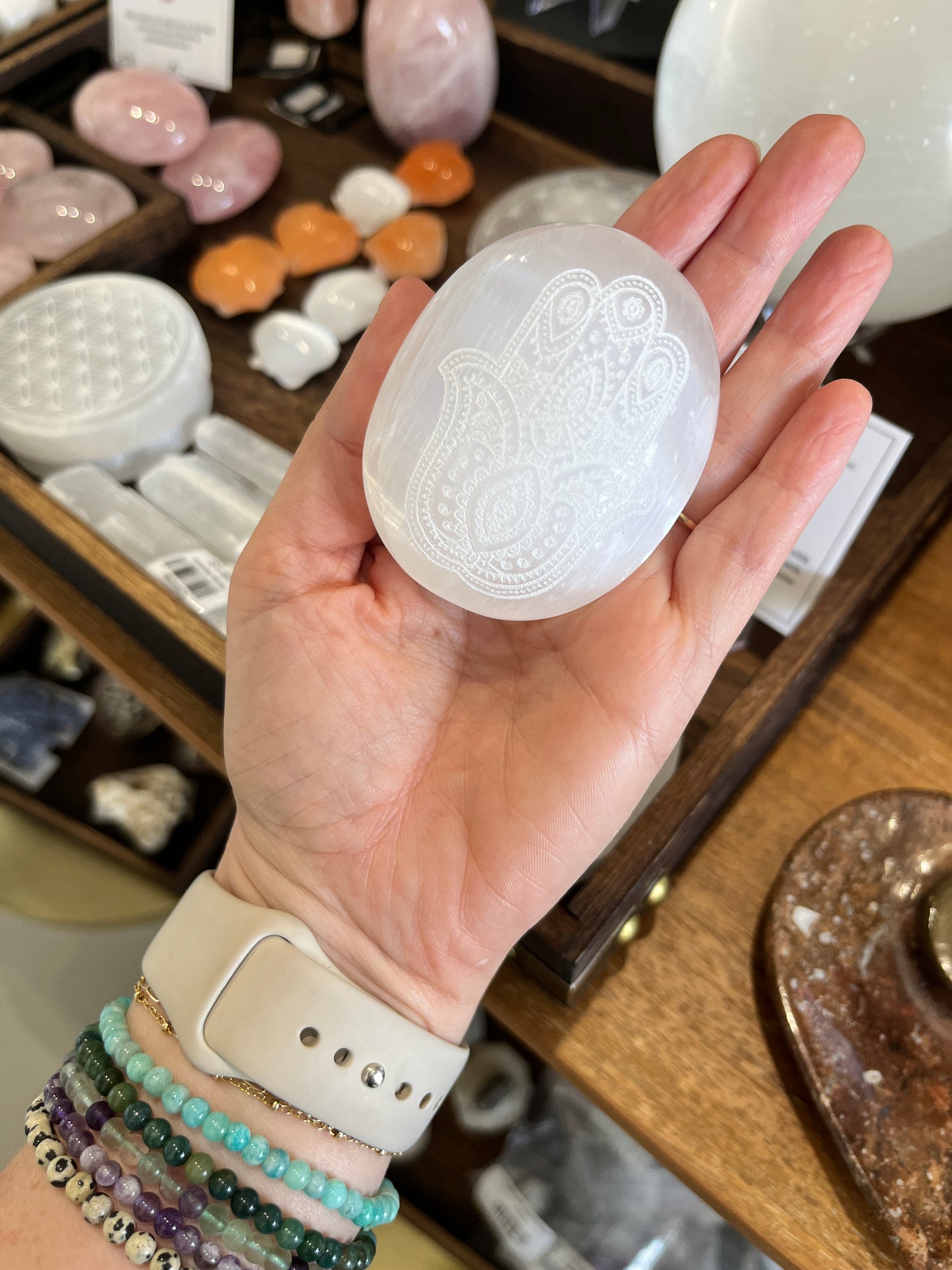 Satin Spar (Selenite) - Engraved Palm Stone - Hamsa