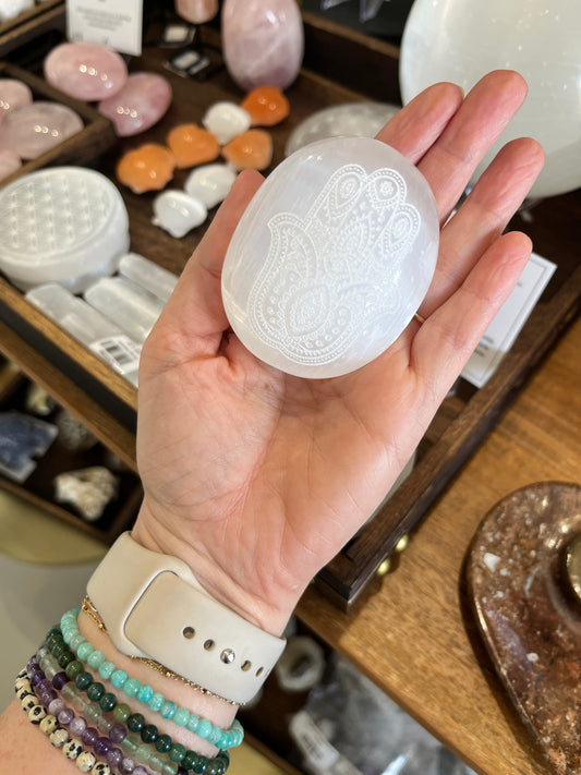 Satin Spar (Selenite) - Engraved Palm Stone - Hamsa