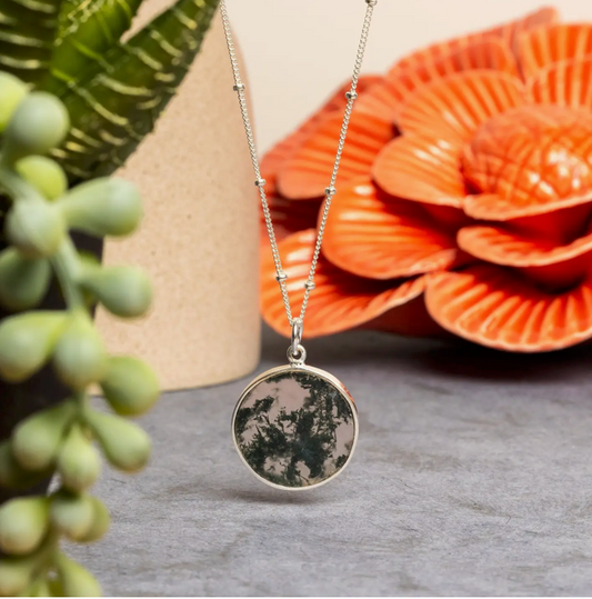 Moss Agate - SS Chain - Circle Pendant