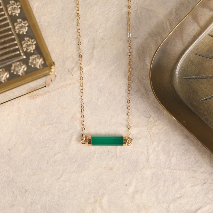 Green Onyx - 14K Gold Filled - Long Bar Necklace
