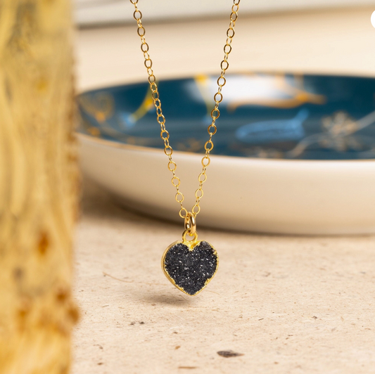 Black Druzy - 14K Gold Filled - Mini Heart Pendant Necklace