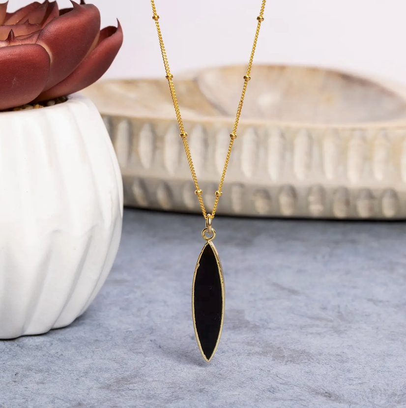 Black Onyx - 14K Gold Filled - Elongate Marquise Pendant