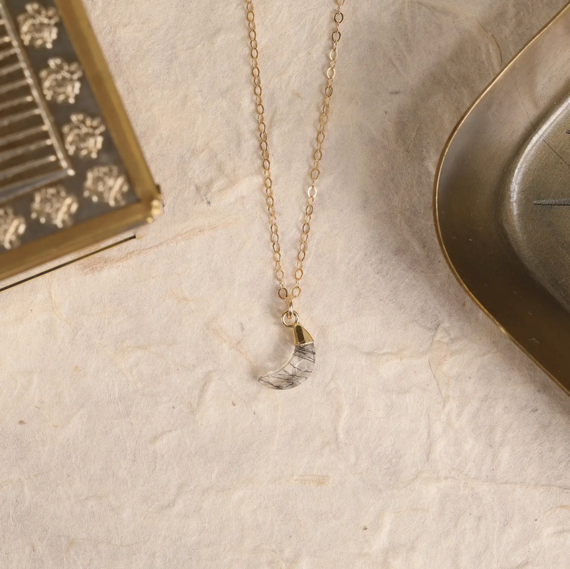 Black Rutilated Quartz - 14K Gold Filled - Moon Pendant