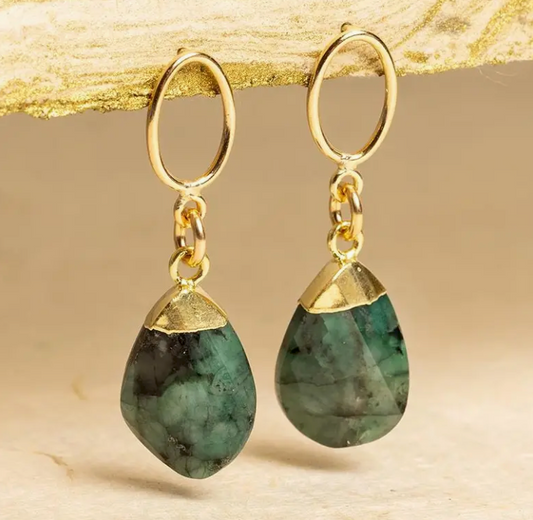 Emerald - 14K Gold Filled - Oval Pebble Drop Earrings